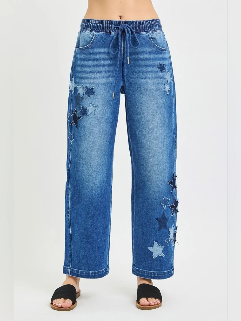 RISEN HR Dark Wash Slouchy Barrel Jeans Star Patch Elastic Waist Various NEW - Picture 7 of 7
